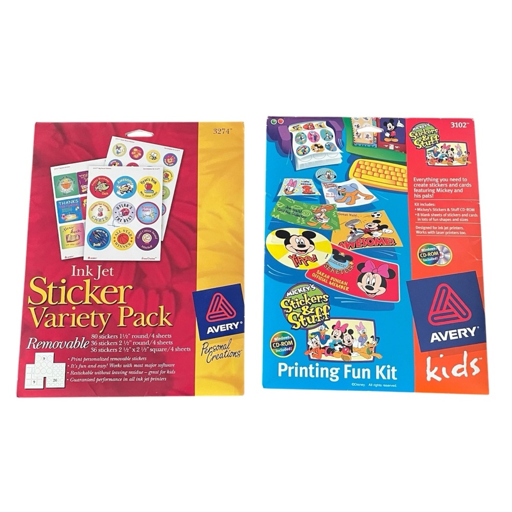 Avery Ink Jet Sticker Variety Pack (3274) + Mickey Stickers & Stuff Printing Kit